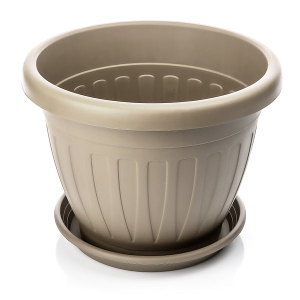BigDean 3x Blumentopf mit Untersetzer rund ø40xH31 cm Mokka/braun - wetterfester Pflanzkübel - Wasserablauf UV-beständig aus bruchsicherem Kunststoff - Innen + Außen geeignet - Made in Europe