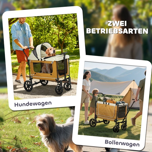 Darstellung eines Hundewagens und eines Bollerwagens in zwei verschiedenen Anwendungsszenarien.