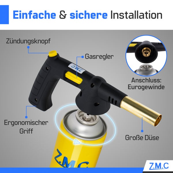Z.M.C Gasbrenner 1,5 kW, Flambierbrenner bis zu 1350°C, Bunsenbrenner Lötbrenner, Creme Brulee Brenner, Küchenbrenner mit einstellbare Flamme, Brenneraufsatz