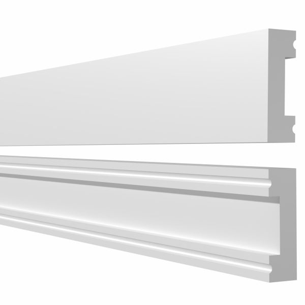 Weiße Fußleiste aus Kunststoff mit profiliertem Design zur Wanddekoration.