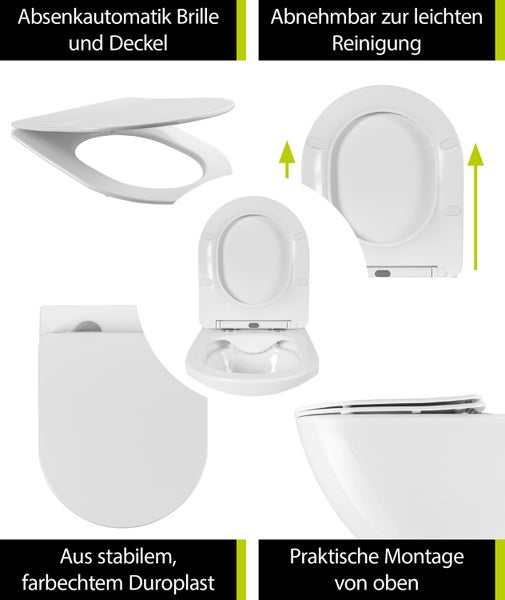 aquaSu® Spülrandloses Wand WC Set Levanto, Design Hänge WC, Tiefspüler, Keramik, Abgang waagerecht, Slimline WC-Sitz mit Absenkautomatik, Duroplast Toilettendeckel, Weiß, 045520