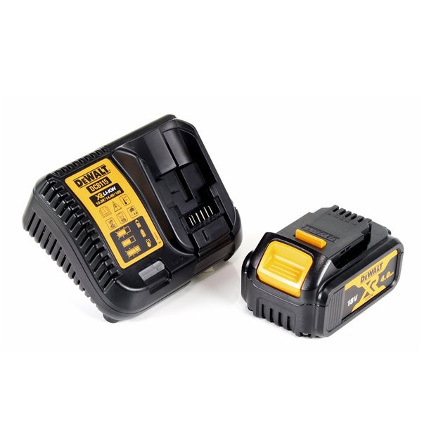 DeWalt Akku-Ladegerät DCB115 und 18 Volt 4,0 Amperestunden Lithium-Ionen-Akku in Schwarz und Gelb.
