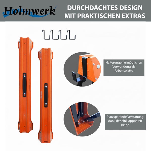 Klappbarer Holmwerk Arbeitsbock aus Metall mit Tragegriff, 500 kg Tragkraft pro Stück und rutschfesten Gummifüßen.