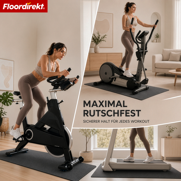 Drei Szenen mit maximal rutschfesten Bodenschutzmatten unter Fitnessgeräten wie Ergometer und Laufband in Wohnräumen. Floordirekt Logo.