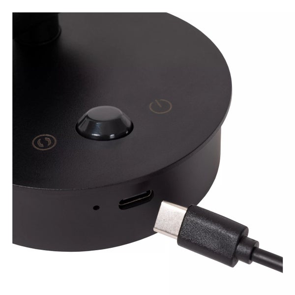 Detailansicht einer schwarzen Tischleuchte mit USB-Anschluss und Bedienelementen