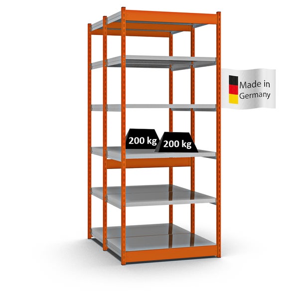 PROREGAL Fachbodenregal Stecksystem Vierkant-Profil Grundregal HxBxT 250 x 102,5 x 60 cm 2x6 Ebenen Doppelseitige Bauart Fachlast 200 kg Orange