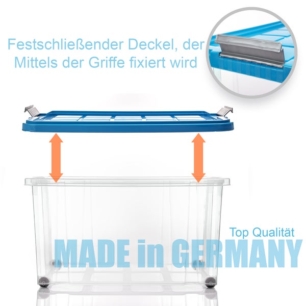 BigDean 4 Stück 60 L Aufbewahrungsbox mit Deckel groß azurblau - stapelbare robuste Box BPA-frei - rollbare Stapelbox mit festen Klickverschlüssen - Made in Germany