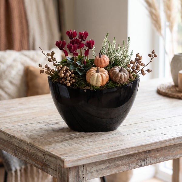 Herbstliche Tischdekoration mit Alpenveilchen, Heidekraut und Zierkürbissen in einer schwarzen Pflanzschale auf einem Holztisch.