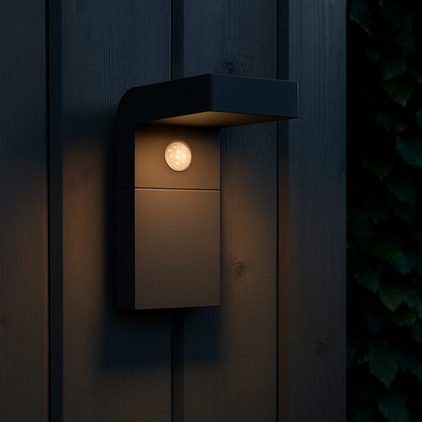 Moderne Außenwandleuchte mit Bewegungssensor an einer Holzwand