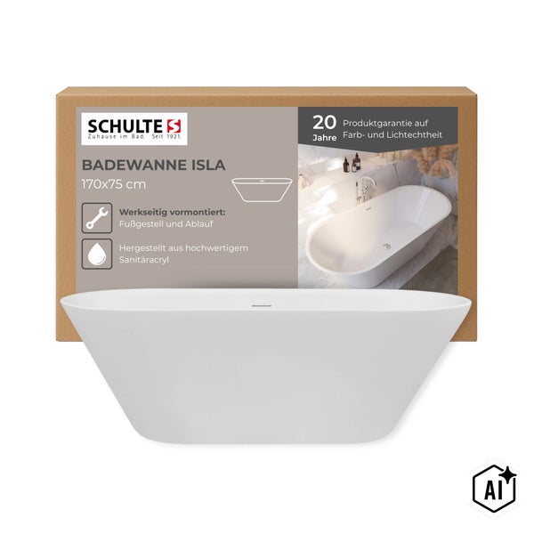 Freistehende Badewanne Isla aus Sanitäracryl von Schulte, 170x75 cm, inklusive vormontiertem Fußgestell und Ablauf.