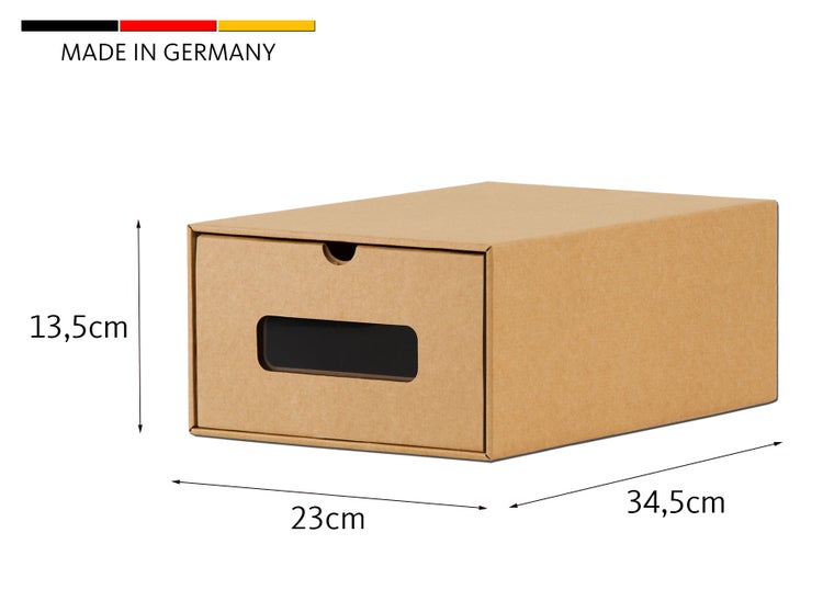 Aufbewahrungsbox aus Karton mit Schublade, Maße 23 mal 34,5 mal 13,5 Zentimeter, Made in Germany.