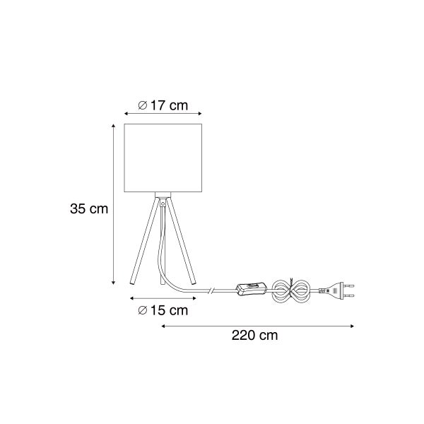 Maßzeichnung Dreibein-Tischleuchte: Höhe 35 Zentimeter, Schirmdurchmesser 17 Zentimeter, Fußbreite 15 Zentimeter, Kabellänge 220 Zentimeter.