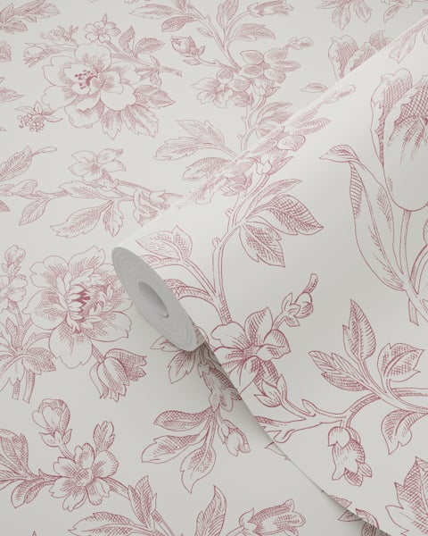 Vliestapete mit floralem Muster aus Blumen und Blättern in feiner Linienoptik.