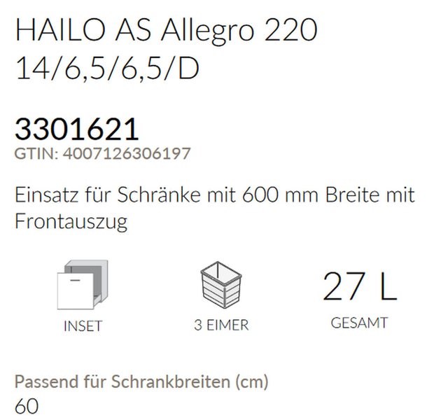 HAILO AS Allegro 220 Abfalleimer Einsatz für Schränke mit 600 mm Breite