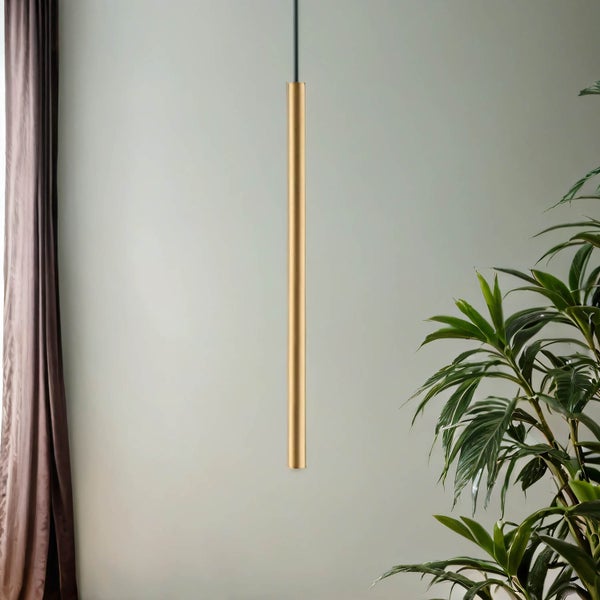 Moderne zylinderförmige Pendelleuchte aus Metall in minimalistischem Design als Akzentbeleuchtung für den Wohnbereich