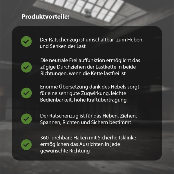 Infografik mit Produktvorteilen eines Ratschenzugs wie Umschaltbarkeit, Freilauffunktion, Hebelübersetzung und drehbare Haken mit Sicherheitsklinke.