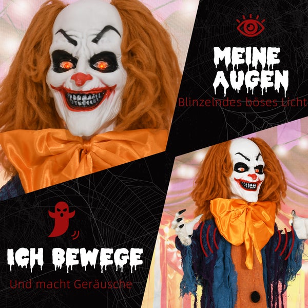 HOMCOM 168cm Halloween Dekoration Halloween Zirkusclown Lebensechte Größe Halloween-Zirkusclown mit Rot Leuchtende Augen verstellbare Arme , Garten Dekoration mit LED-Lichter, Soundfunktion