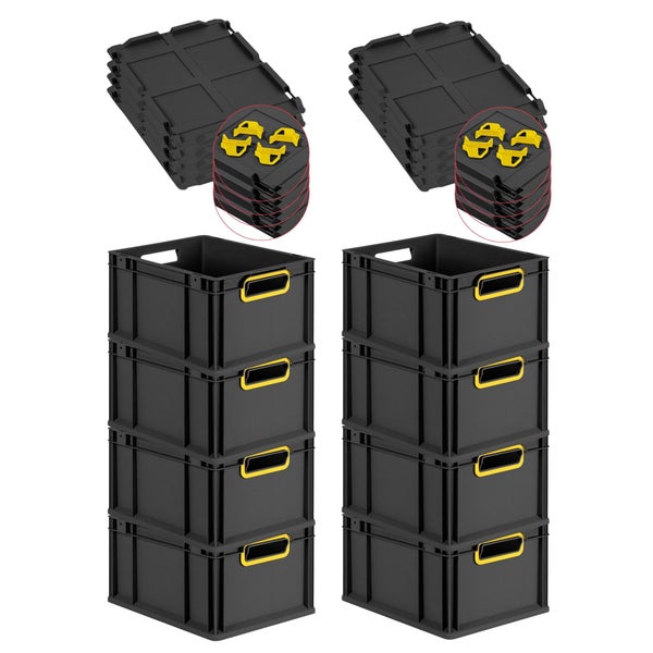PROREGAL SuperSparSet 8x Eurobox NextGen Color mit Auflagedeckel und Schiebeschnappverschlüsse, HxBxT 22x30x40cm, 20 Liter, Schwarz, Griffe gelb offen, Eurobehälter, Transportbox, Transportbehälter, Stapelbehälter