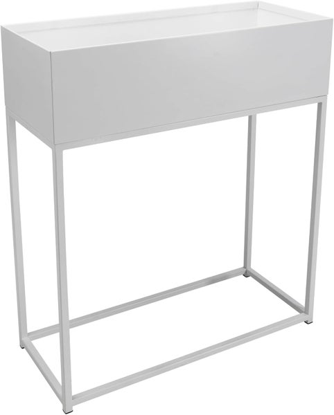 Weißer rechteckiger Pflanzkasten aus Metall auf einem hohen Gestell.