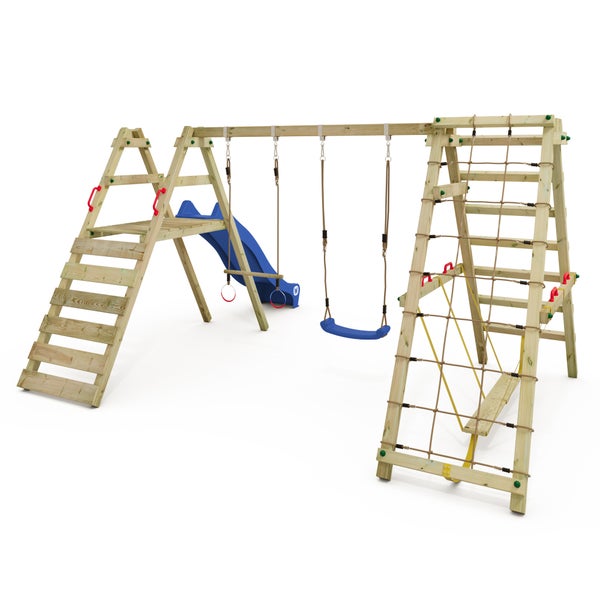 WICKEY Kinderschaukel Schaukelgestell Smart Shake mit Rutsche und Kletteranbau, Schaukel, Schaukelgerüst, Doppelschaukel, Holzschaukel - blau