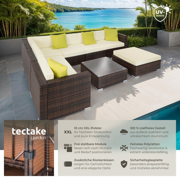 Rattan Lounge tectake Marbella mit Sicherheitsglasplatte mit Aluminiumgestell braun gemischt