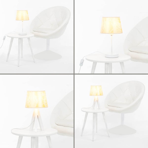 Collage mit Nachttischlampe, Beistelltisch und Sessel in einem hellen Raum