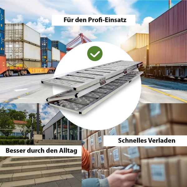 Faltbare Auffahrrampen aus Aluminium für den gewerblichen Einsatz beim Verladen von Waren und zur Überwindung von Treppen.