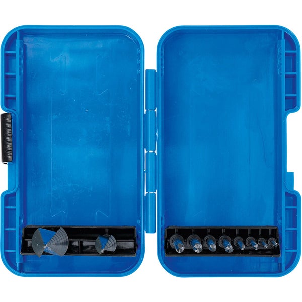 Geöffneter Bohrer- und Schrauberbit-Satz in einem blauen Kunststoffkoffer