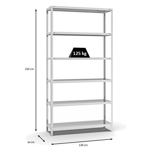 PROREGAL Fachbodenregal Schraubsystem Light-Duty Grundregal HxBxT 250 x 130 x 40 cm 6 Ebenen Fachlast 125 kg Beidseitig Nutzbar Lichtgrau