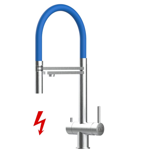 NIEDERDRUCK 3 Wege Wasserhahn Küchenarmatur, Edelstahl Massiv mit 360° schwenkbarem Auslauf, abnehmbare 2 strahl Handbrause, Gebürstet / Blau