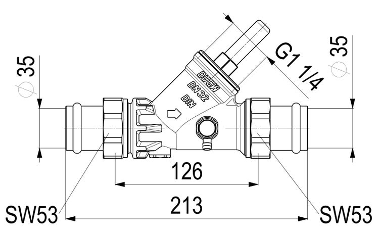 Technische Zeichnung eines Ventils mit Maßangaben: Gesamtlänge 213 Millimeter, Anschlussdurchmesser 35 Millimeter, DN32, G 1 1/4.