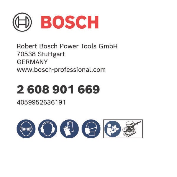 Bosch Logo mit Informationen zu Robert Bosch Power Tools GmbH, Artikelnummer und Sicherheitshinweisen