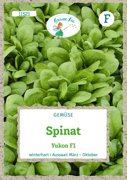 Samen für Spinat Yukon F1 von Grüne Fee, winterhart, Aussaat von März bis Oktober, Grüne Fee Logo.