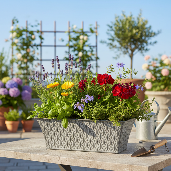 Bepflanzter rechteckiger Blumenkasten aus Metall mit Rautenmuster auf einem Steintisch im Garten, daneben eine Gießkanne und eine Handschaufel.