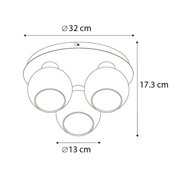 Technische Zeichnung einer Deckenleuchte mit drei Lampen, Durchmesser 32 cm, Höhe 17,3 cm, Lampendurchmesser 13 cm.