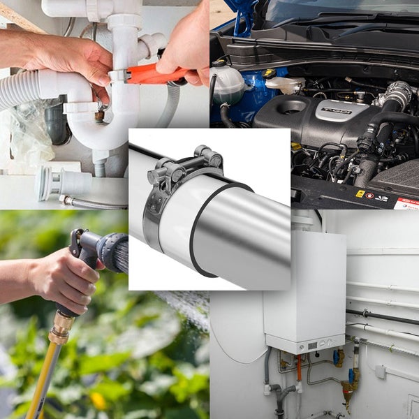 Eine Schlauchschelle fixiert an einem Rohr, umgeben von Anwendungsbeispielen wie Sanitärinstallationen, Automotoren, Gartenschläuchen und Heizungen.