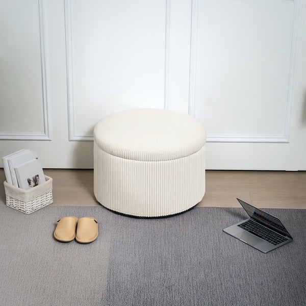 HOMCOM Sitzhocker mit Stauraum Hocker mit Deckel, Runder Polsterhocker Fußhocker mit Cord-Optik für Wohnzimmer, Schlafzimmer 60 x 60 x 41 cm Beige