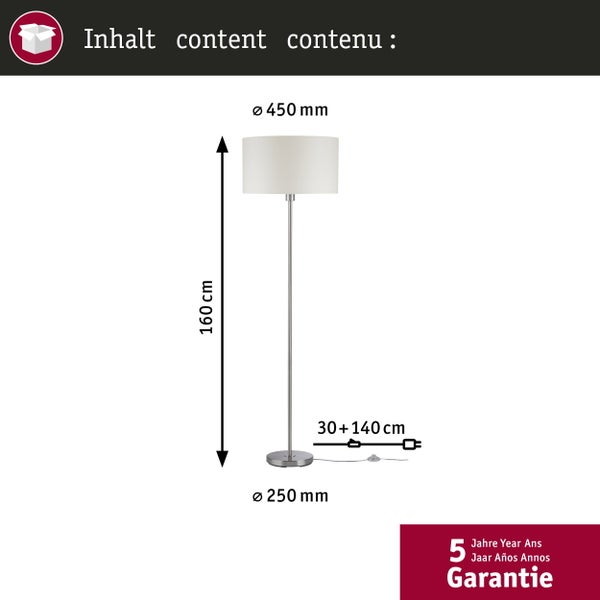 Stehleuchte mit Maßen: Höhe 160 Zentimeter, Schirmdurchmesser 450 Millimeter, Standfuß 250 Millimeter, Kabellänge 170 Zentimeter, 5 Jahre Garantie.