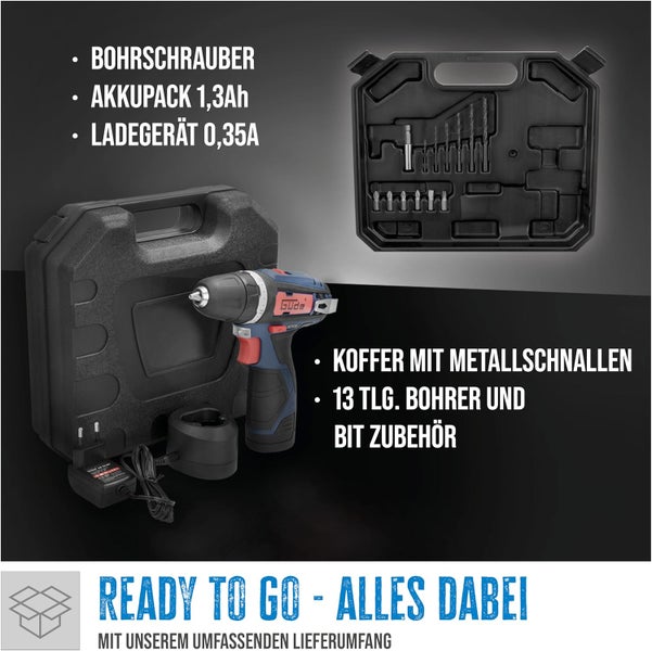 Güde Akku-Bohrschrauber Set im Koffer mit Metallschnallen, 1,3 Amperestunden Akku, Ladegerät und 13-teiligem Bohrer- und Bit-Zubehör.