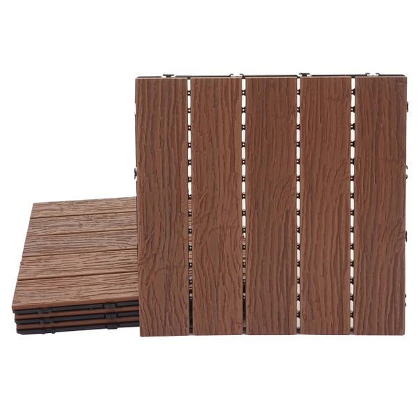 Braune Terrassenfliesen mit Klicksystem aus Holz-Kunststoff-Verbundwerkstoff mit Holzstruktur.