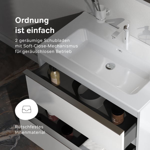 Moderner Waschtischunterschrank mit zwei Schubladen inklusive Soft Close Mechanismus und rutschfestem Innenmaterial.