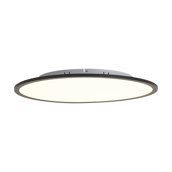 Flache, runde LED-Deckenleuchte mit schwarzem Rahmen und weißer Leuchtfläche.