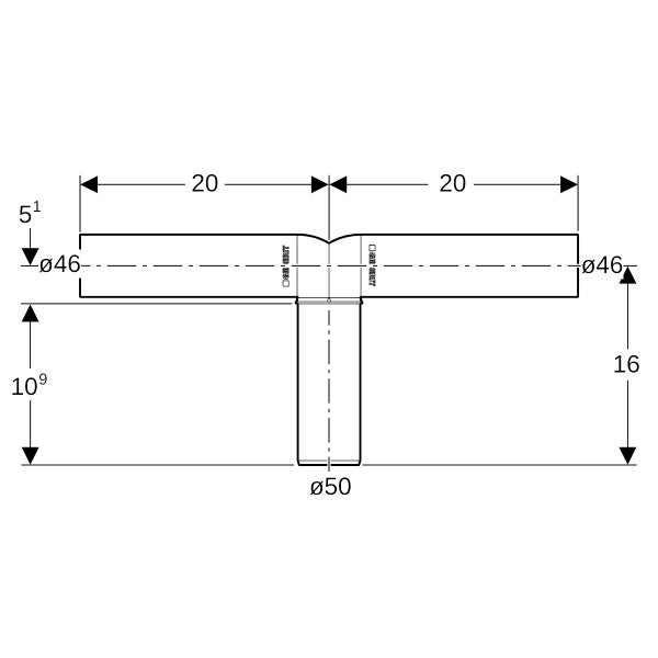 Technische Zeichnung eines Geberit T-Stücks mit Maßen für Durchmesser 46 und 50 Millimeter. Geberit Logo.