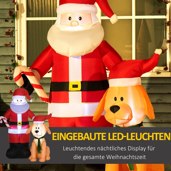 Outsunny 157 cm Aufblasbarer Weihnachtsmann mit Hund, Selbstaufblasende Weihnachtsbeleuchtung, 117L x 65B x 108H cm, Polyester-Gewebe, Rot