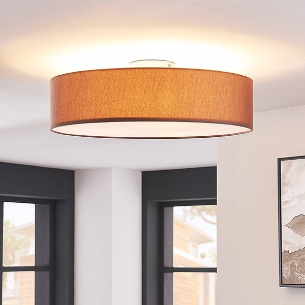 Lindby Textil Deckenleuchte rund 50 cm, Deckenlampe Stoff braun 3x E27 max. 11W ohne Leuchtmittel Schlafzimmerlampe Wohnzimmerlampe Textillampe