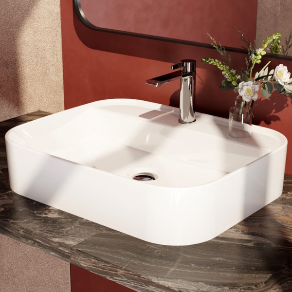 EMKE Aufsatzwaschbecken 500x400 mm, Keramik, Eckiger Waschtisch mit Hahnloch, Pflegeleicht, für Wand- oder Aufsatzmontage, Glänzend Weiß, für Badezimmer