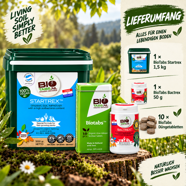 BioTabs Starterset für biologisches Pflanzenwachstum mit Startrex Bodendünger, Bactrex und Düngertabletten in verschiedenen Verpackungsgrößen.