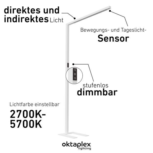 ALVA LED Stehlampe dimmbar 2700K-5700K Aluminium 10800 Lumen Präsenzsensor 80W Büro Leuchte Touch-Steuerung für optimalen Arbeitsplatz