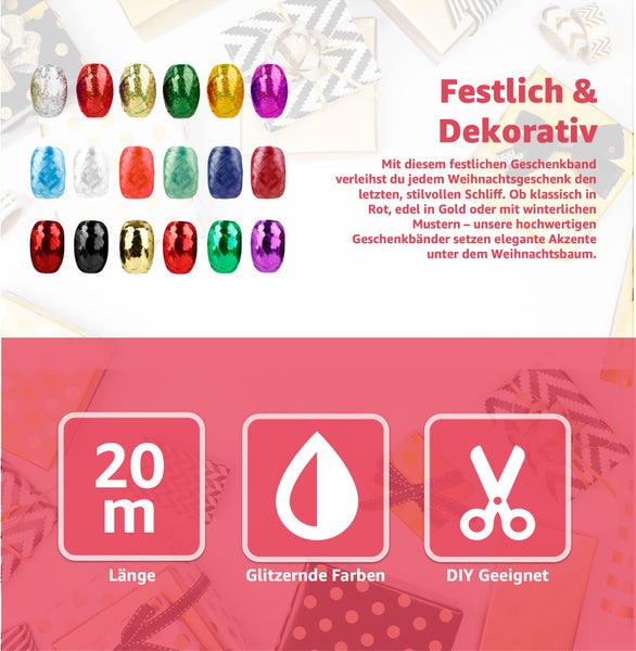 Dekorative Geschenkbandrollen in verschiedenen Farben mit einer Länge von 20 Metern