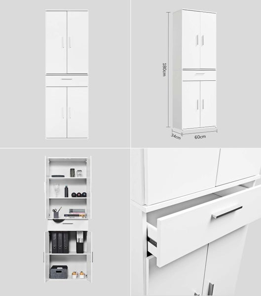 Weißer Mehrzweckschrank mit Schublade und Türen.